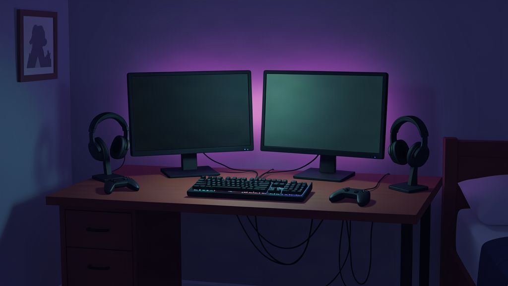 Illustration of the Midnight Shift dark mixed-use gaming and work desk at night
